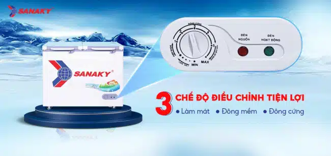 Tủ đông Sanaky VH 2599A2KD với 1 ngăn đông có thể chỉnh sử dụng 3 chức năng: Làm mát – Đông mềm – Đông cứng