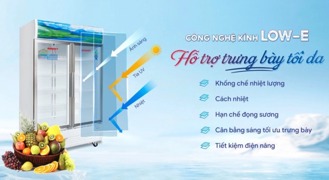 Tủ mát Sanaky 900 lít VH-1009HP có 2 cửa kính mở phủ công nghệ Low-e chống đọng sương