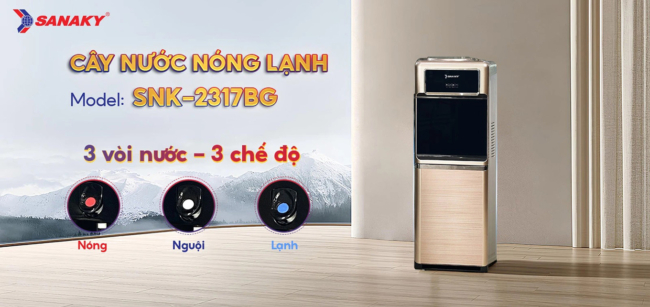 Cây nước nóng lạnh Sanaky SNK-2317BG có 2 vòi 3 chế độ nước uống