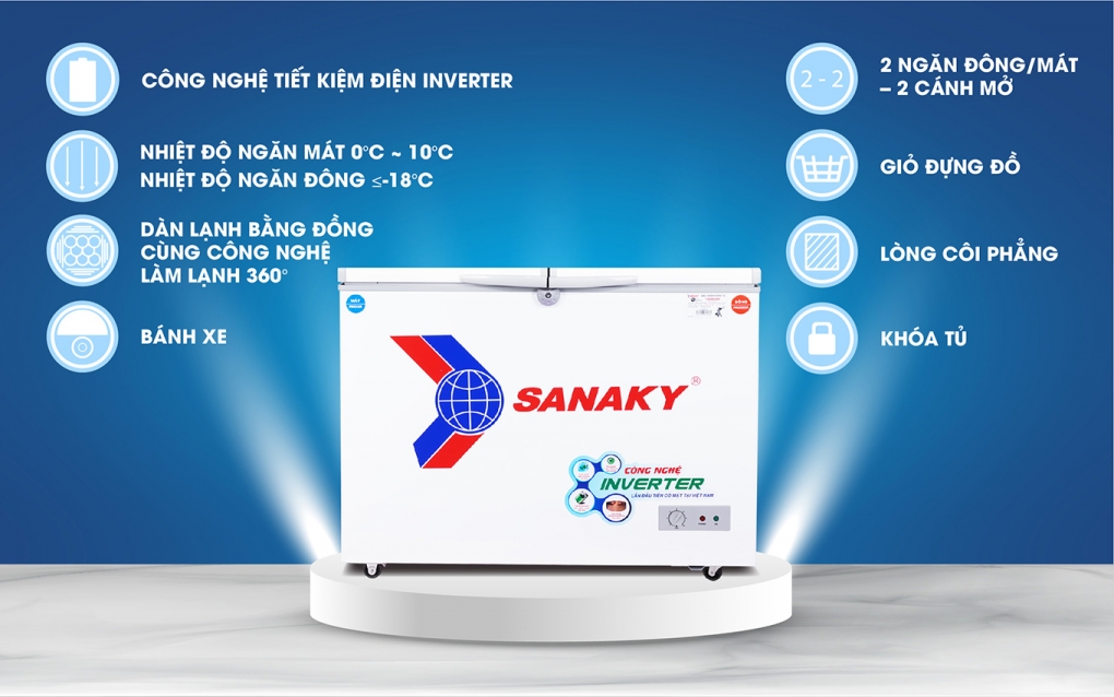 Tính năng nổi bật của tủ đông Sanaky VH-2599W3 2 ngăn (1 ngăn đông + 1 ngăn mát) có inverter tiết kiệm điện