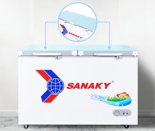 Tủ đông Sanaky inverter VH-4099A2KD có 2 nắp dỡ phủ một lớp kính cường lực chắc chắn