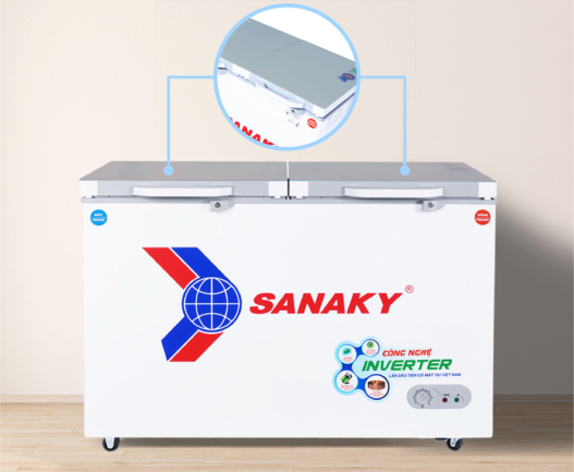 Tủ đông Sanaky inverter VH-4099W4K có 2 nắp dỡ phủ một lớp kính cường lực chắc chắn