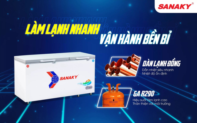 Tủ đông Sanaky 485 lít VH-6699W2K có dàn lạnh đồng sử dụng gas R290 làm lạnh nhanh