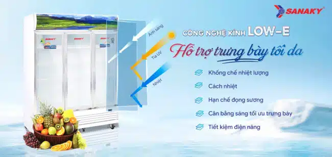 Tủ mát Sanaky VH-1520HP có 3 cửa mở kính phủ công nghệ Low-e chống đọng sương