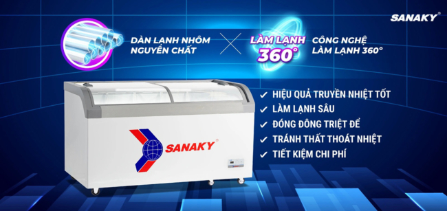 Tủ đông Sanaky VH-888KA có dàn lạnh ống đồng nguyên chất cùng công nghệ làm lạnh 360 độ