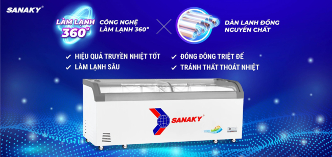 Tủ đông Sanaky VH-1099KA có dàn lạnh đồng kết hợp công nghệ làm lạnh 360 độ