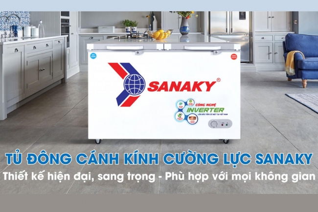 Tủ đông cánh kính cường lực Sanaky với thiết kế hiện đại, sang trọng phù hợp với mọi không gian sử dụng