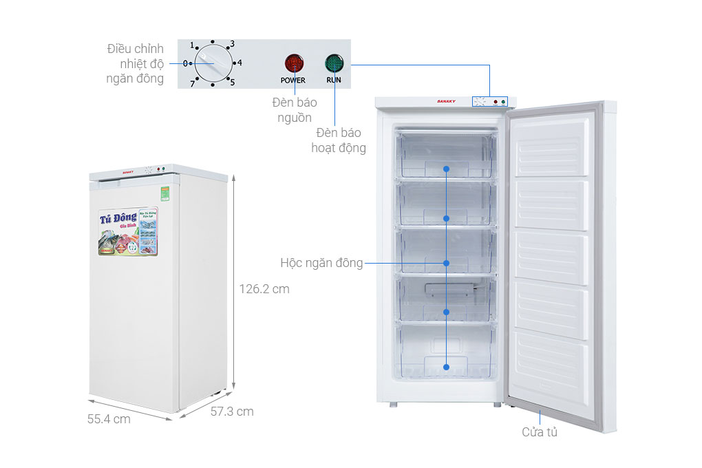 Mô tả chi tiết thông số kích thước và chức năng tủ đông đứng Sanaky VH-180VD