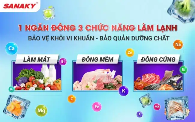 Tủ đông 1 ngăn 3 chế độ sử dụng: Chế độ mát – Chế độ đông mềm – Chế độ đông cứng