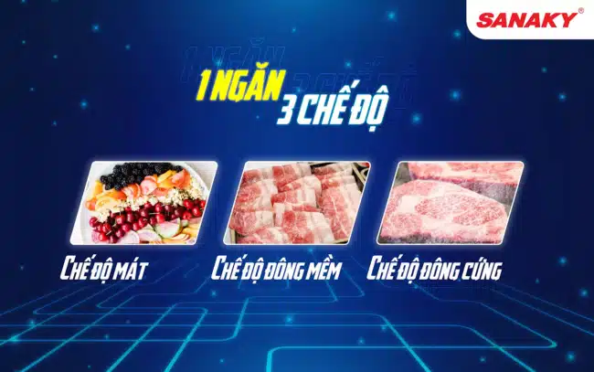 Thiết kế thông minh với 1 ngăn đông sử dụng được 3 chế độ: Mát - Đông mềm - Đông cứng