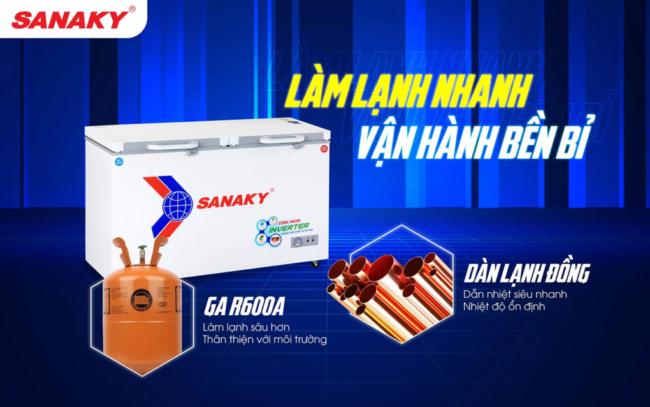 Tủ đông Sanaky VH-6699W4K có dàn lạnh đồng sử dụng Gas R600A
