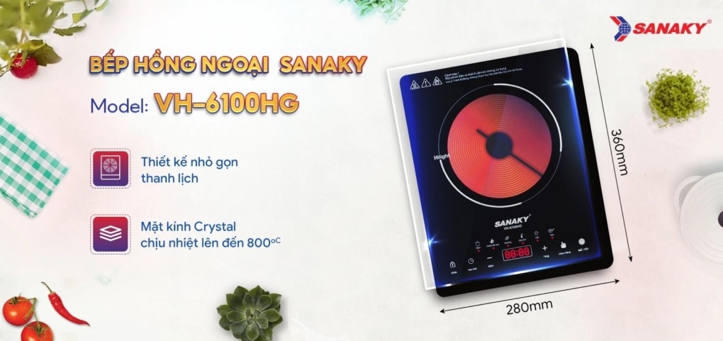 Bếp Hồng Ngoại Sanaky VH-6100HG có mặt kính Crystal có khả năng chịu được nhiệt độ lên 800 độ C